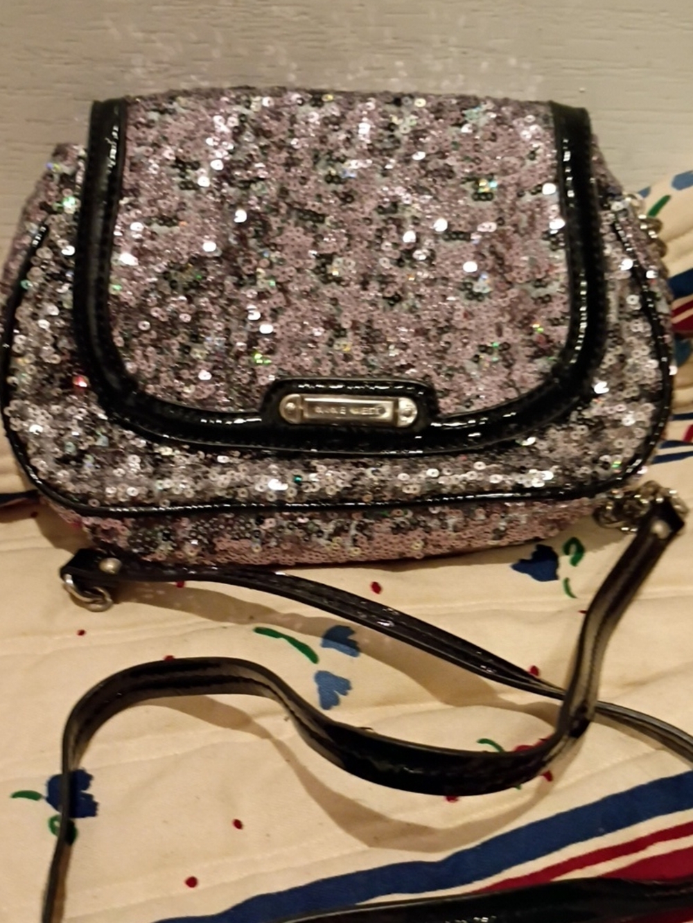 Sequin Crossbody Bag with Black Trim - Silver/Pink